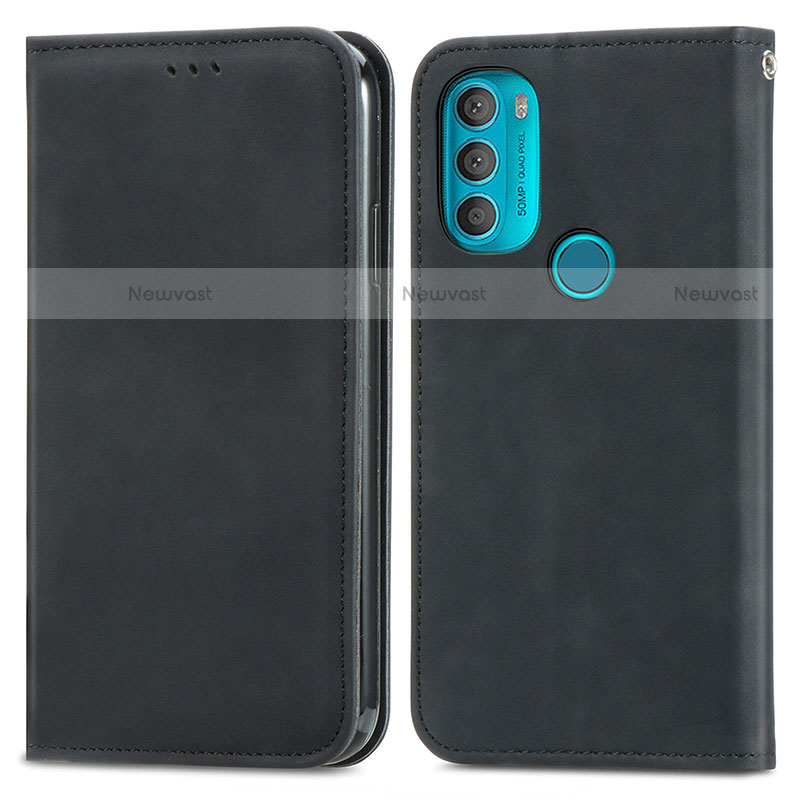 Leather Case Stands Flip Cover Holder S04D for Motorola Moto G71 5G Black
