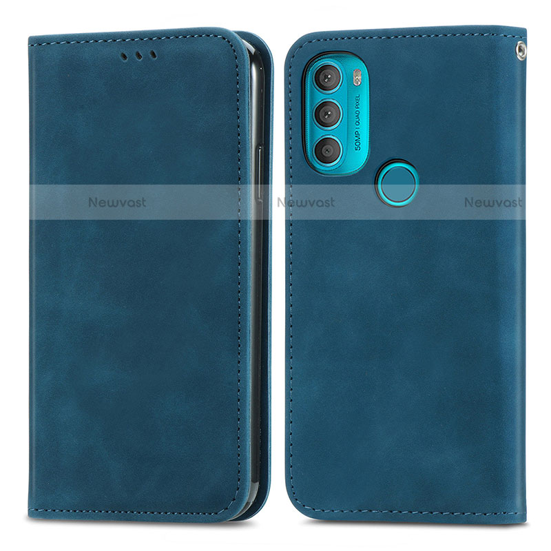 Leather Case Stands Flip Cover Holder S04D for Motorola Moto G71 5G Blue