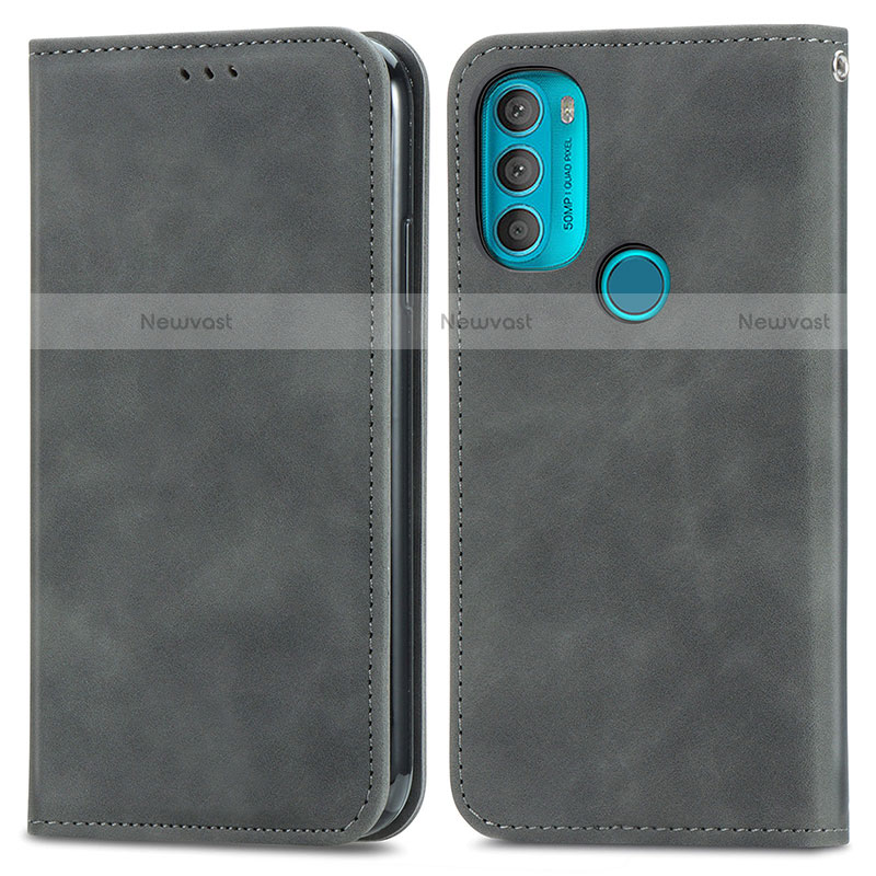 Leather Case Stands Flip Cover Holder S04D for Motorola Moto G71 5G Gray
