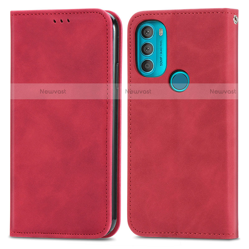 Leather Case Stands Flip Cover Holder S04D for Motorola Moto G71 5G Red