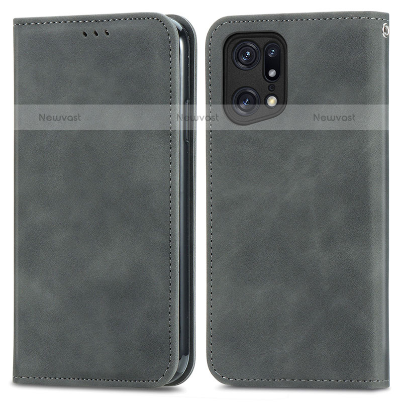 Leather Case Stands Flip Cover Holder S04D for Oppo Find X5 Pro 5G Gray