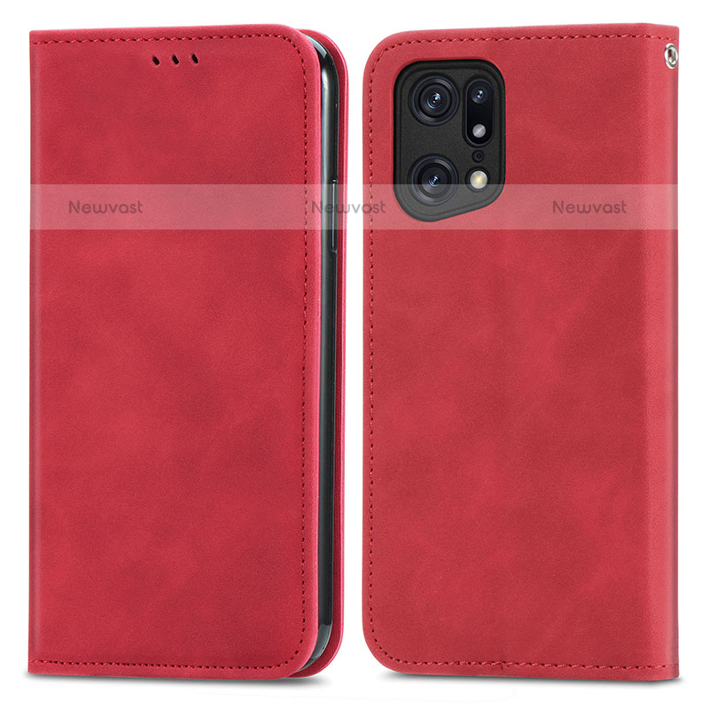 Leather Case Stands Flip Cover Holder S04D for Oppo Find X5 Pro 5G Red