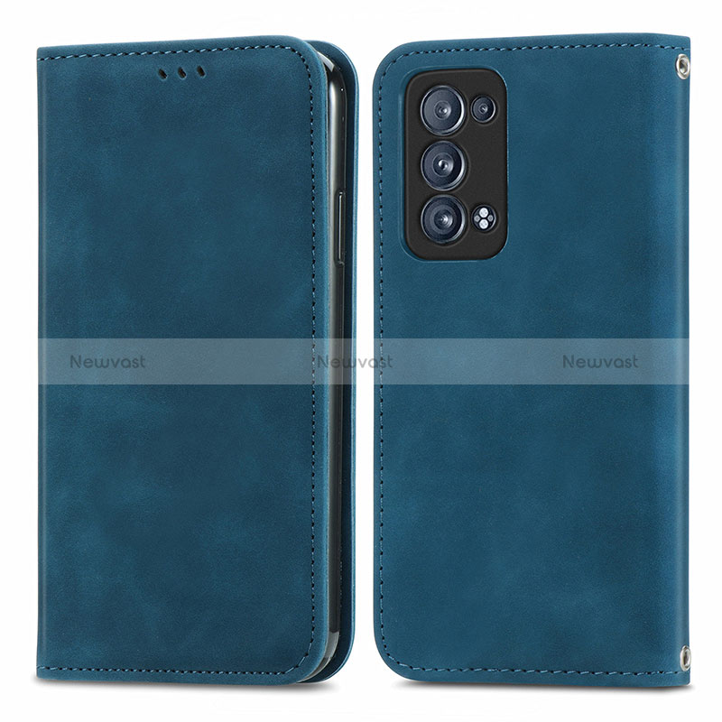 Leather Case Stands Flip Cover Holder S04D for Oppo Reno6 Pro 5G Blue