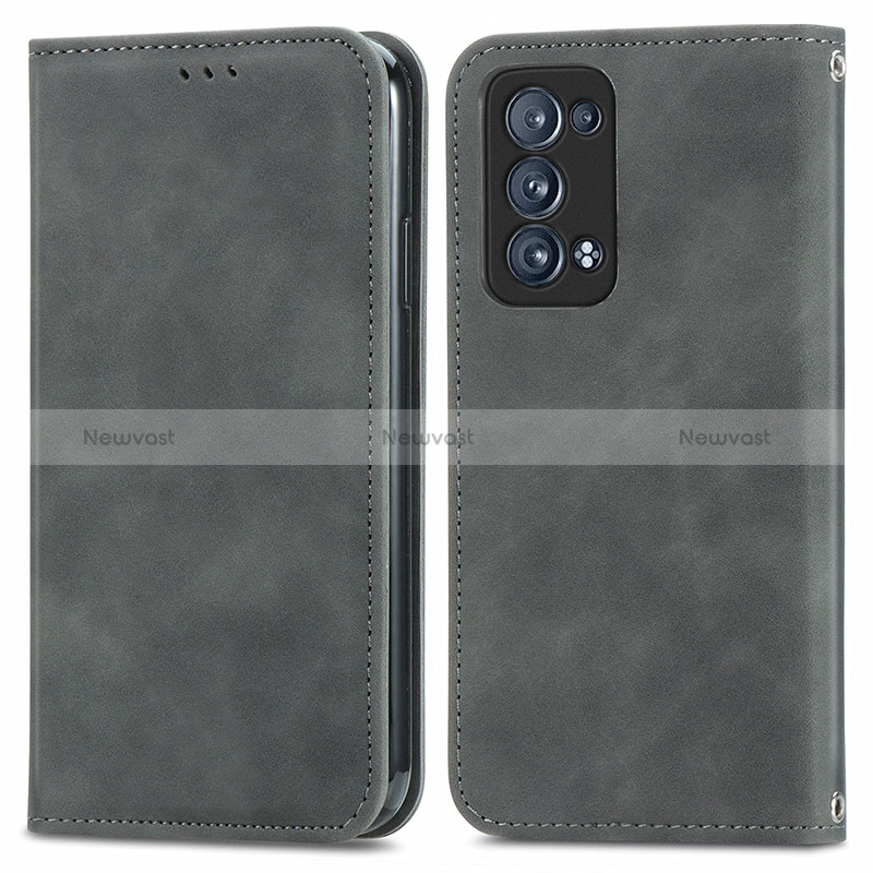 Leather Case Stands Flip Cover Holder S04D for Oppo Reno6 Pro+ Plus 5G Gray