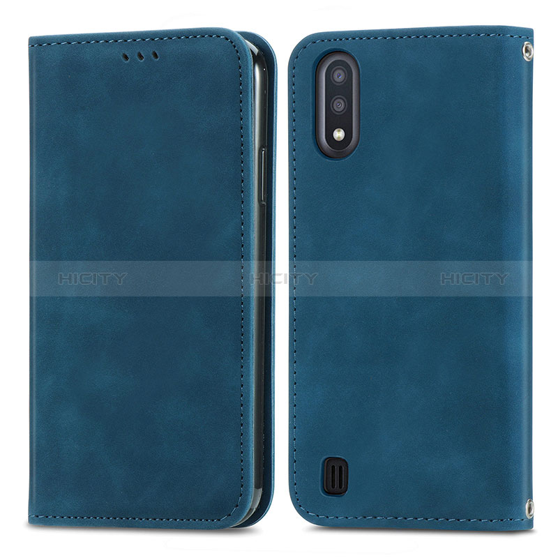 Leather Case Stands Flip Cover Holder S04D for Samsung Galaxy A01 SM-A015 Blue