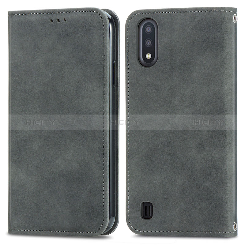 Leather Case Stands Flip Cover Holder S04D for Samsung Galaxy A01 SM-A015 Gray