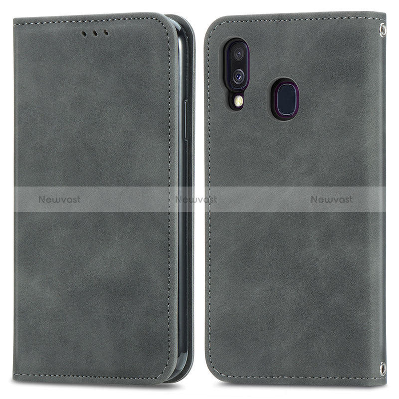 Leather Case Stands Flip Cover Holder S04D for Samsung Galaxy A40 Gray