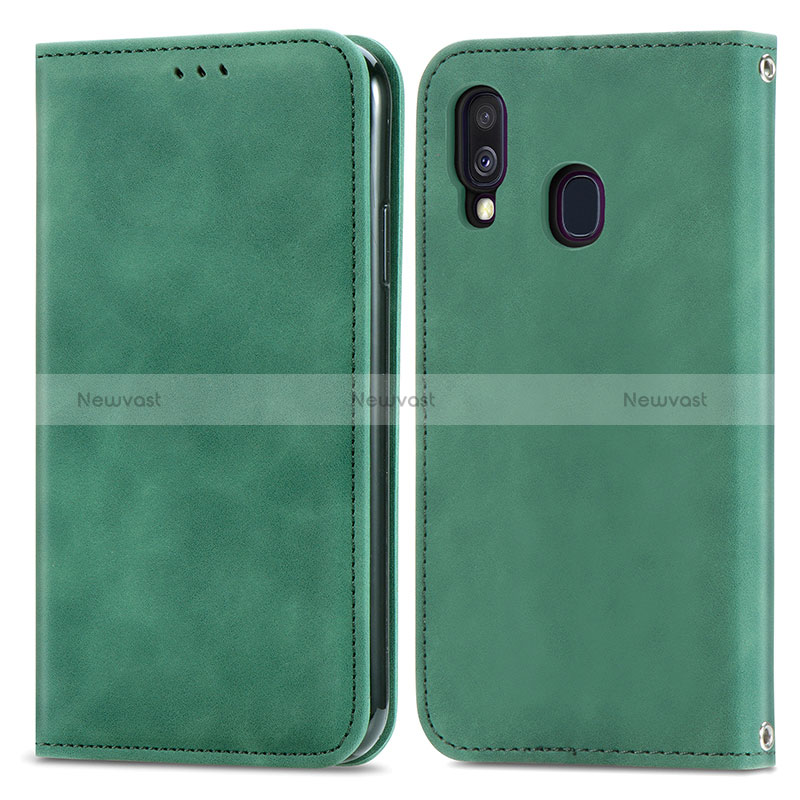 Leather Case Stands Flip Cover Holder S04D for Samsung Galaxy A40 Green