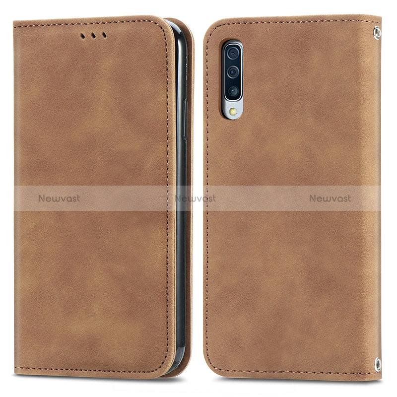 Leather Case Stands Flip Cover Holder S04D for Samsung Galaxy A50 Brown
