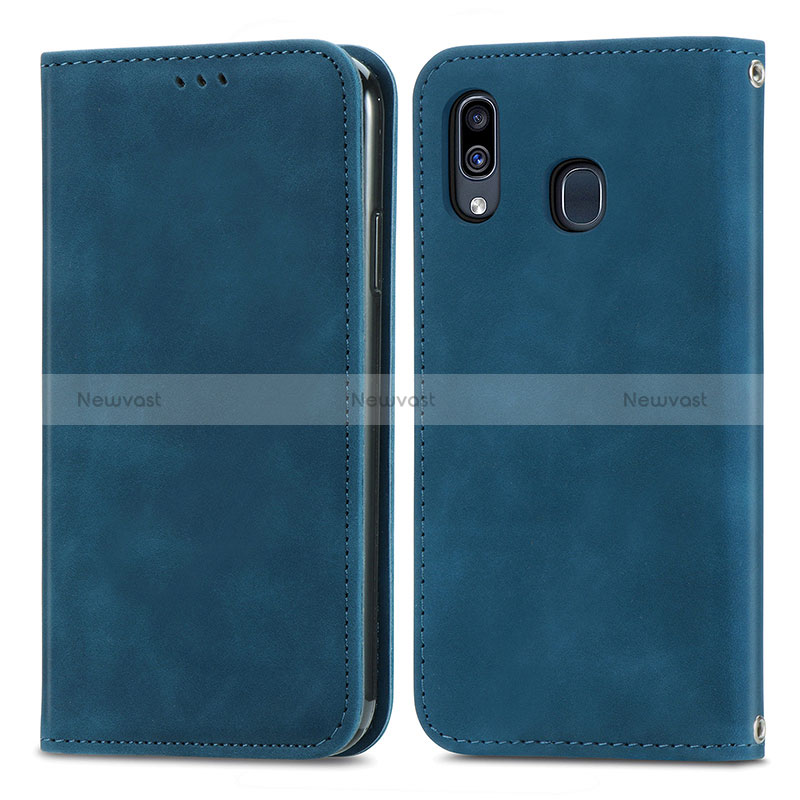 Leather Case Stands Flip Cover Holder S04D for Samsung Galaxy M10S Blue