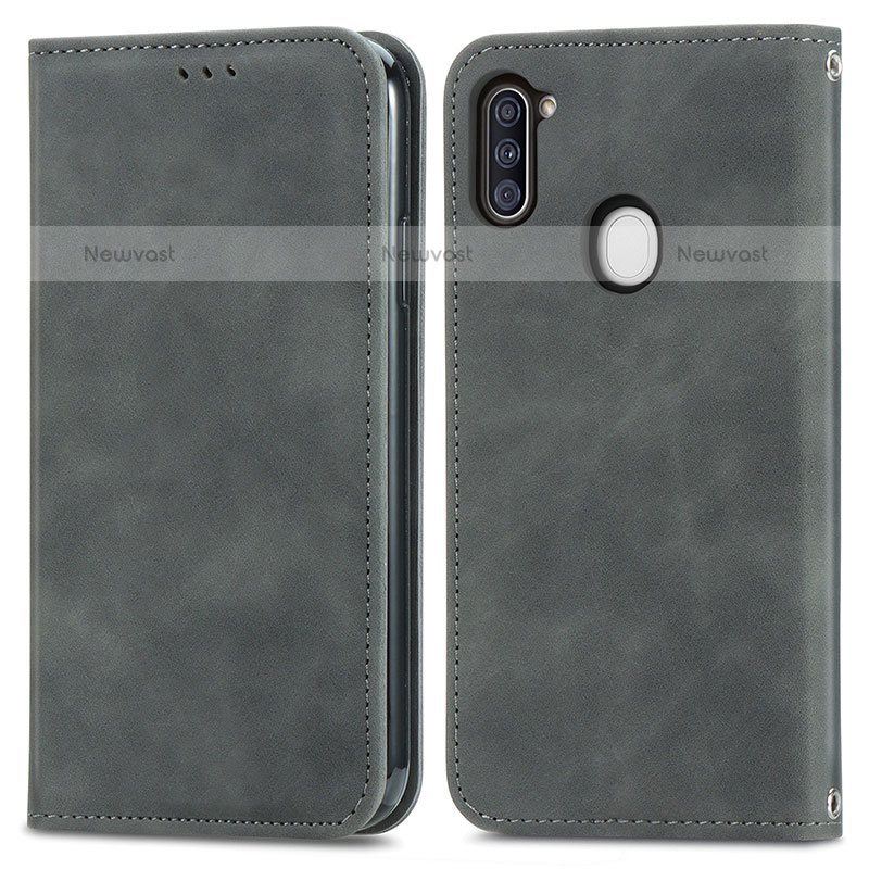 Leather Case Stands Flip Cover Holder S04D for Samsung Galaxy M11 Gray