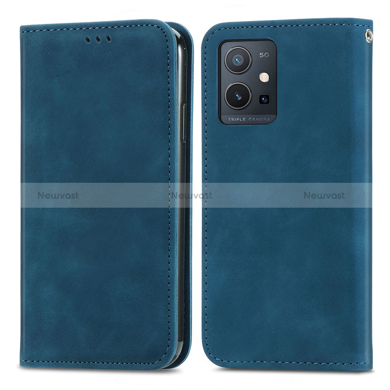 Leather Case Stands Flip Cover Holder S04D for Vivo T1 5G India Blue