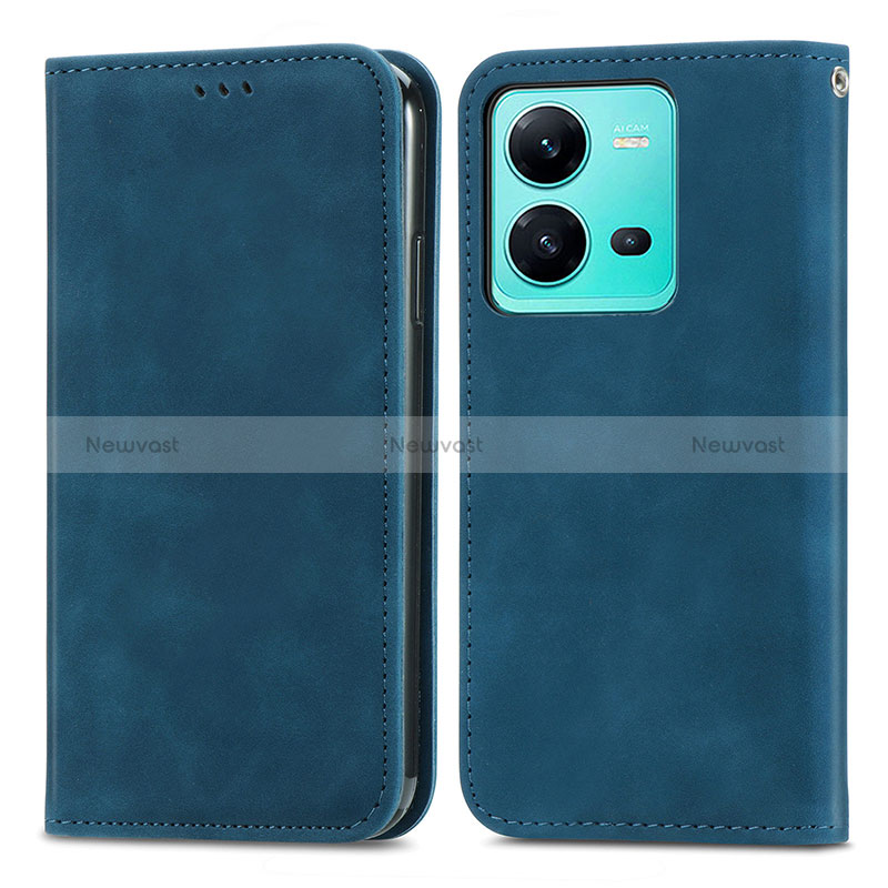 Leather Case Stands Flip Cover Holder S04D for Vivo V25 5G Blue