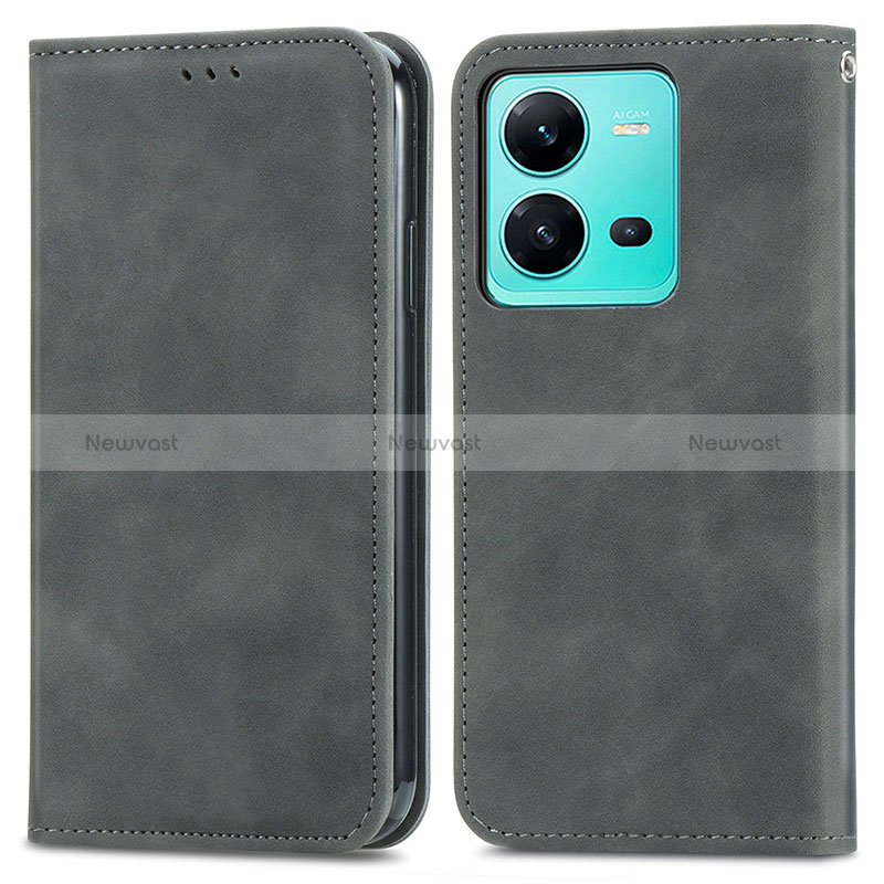 Leather Case Stands Flip Cover Holder S04D for Vivo V25 5G Gray