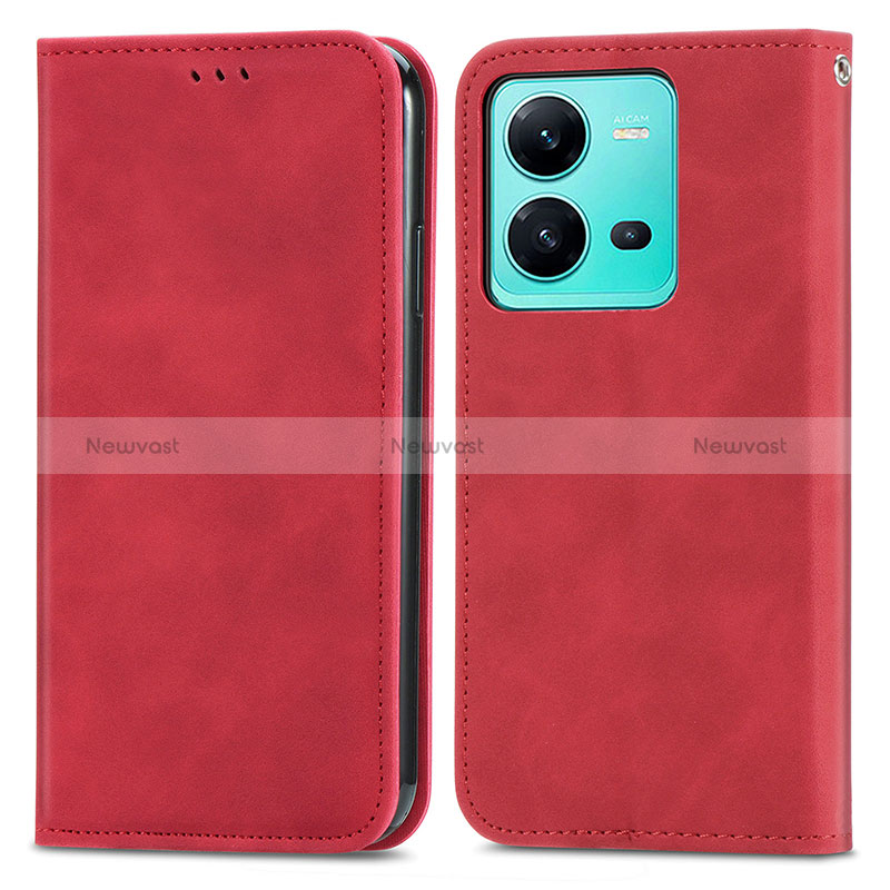 Leather Case Stands Flip Cover Holder S04D for Vivo V25 5G Red