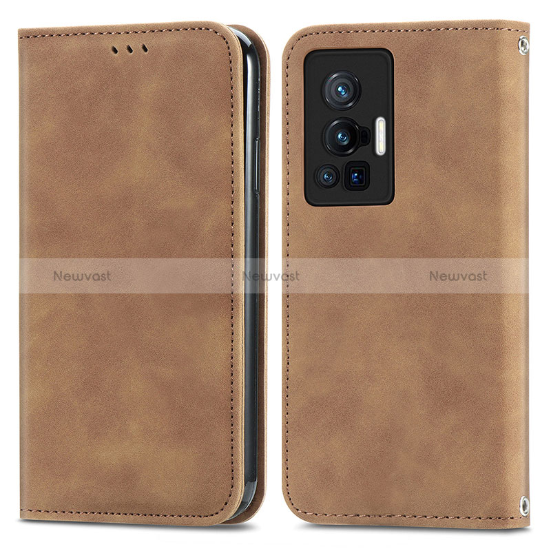 Leather Case Stands Flip Cover Holder S04D for Vivo X70 Pro 5G Brown