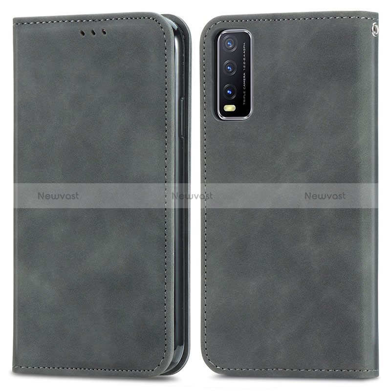 Leather Case Stands Flip Cover Holder S04D for Vivo Y12s Gray