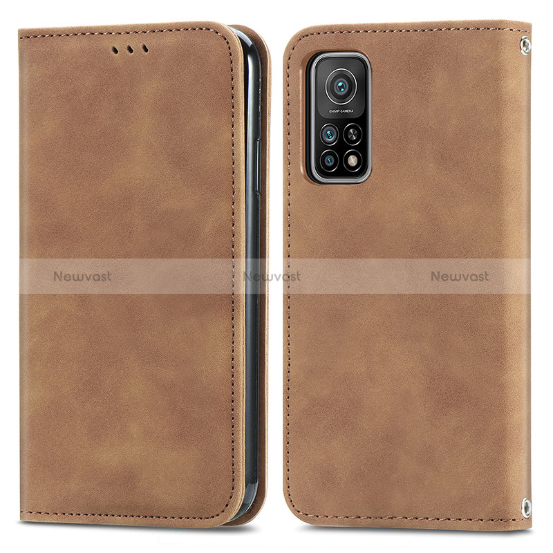 Leather Case Stands Flip Cover Holder S04D for Xiaomi Mi 10T 5G Brown