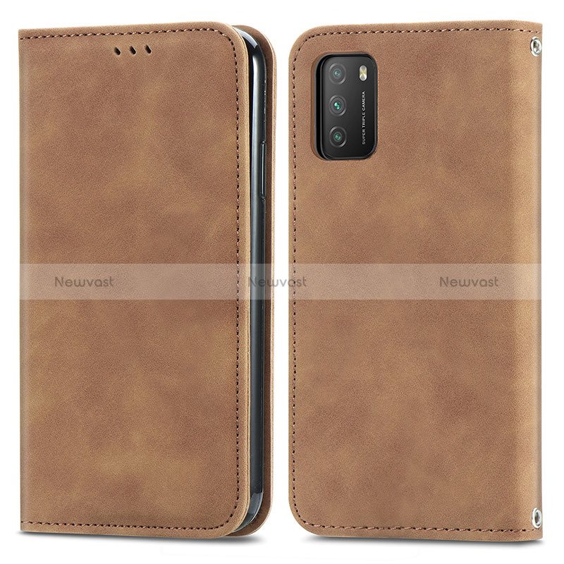 Leather Case Stands Flip Cover Holder S04D for Xiaomi Poco M3 Brown