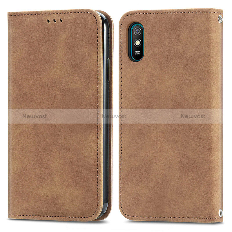 Leather Case Stands Flip Cover Holder S04D for Xiaomi Redmi 9A Brown