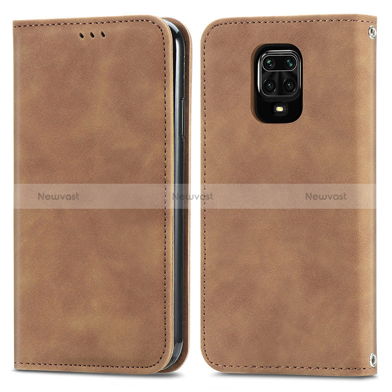 Leather Case Stands Flip Cover Holder S04D for Xiaomi Redmi Note 9 Pro Brown