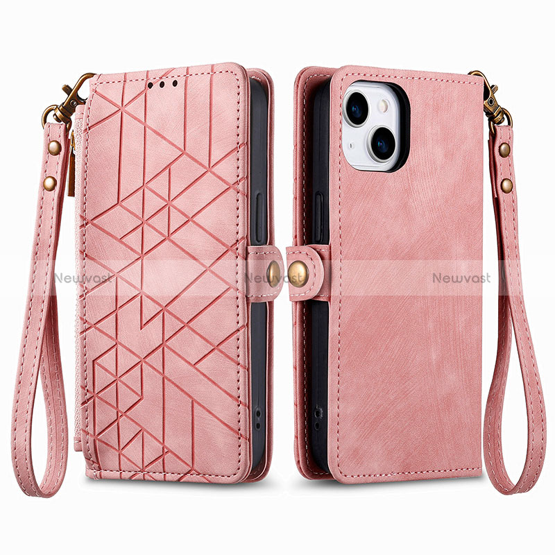 Leather Case Stands Flip Cover Holder S05D for Apple iPhone 13 Rose Gold