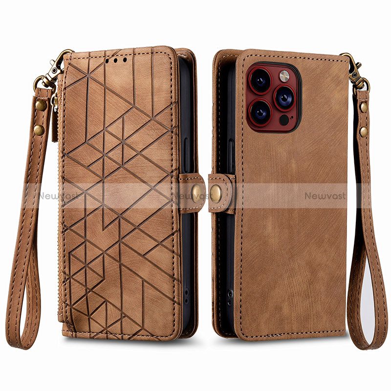 Leather Case Stands Flip Cover Holder S05D for Apple iPhone 14 Pro Brown