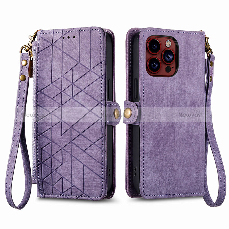 Leather Case Stands Flip Cover Holder S05D for Apple iPhone 15 Pro Purple