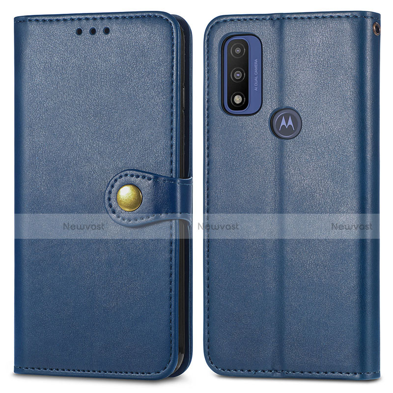 Leather Case Stands Flip Cover Holder S05D for Motorola Moto G Pure Blue