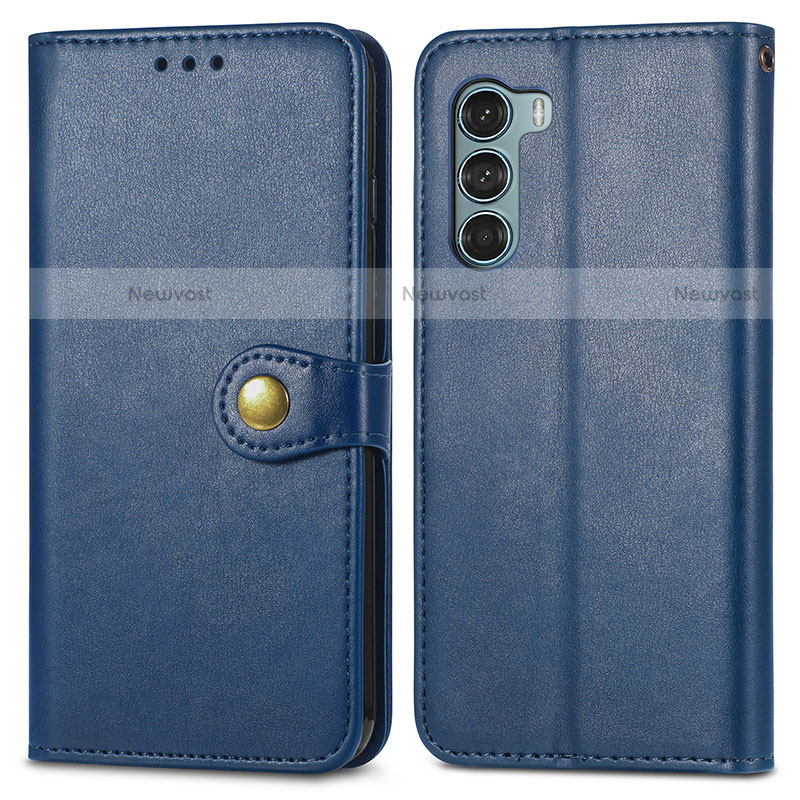 Leather Case Stands Flip Cover Holder S05D for Motorola Moto G200 5G Blue
