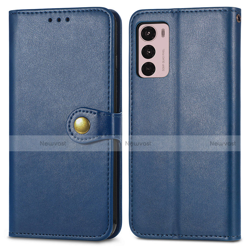 Leather Case Stands Flip Cover Holder S05D for Motorola Moto G42 Blue