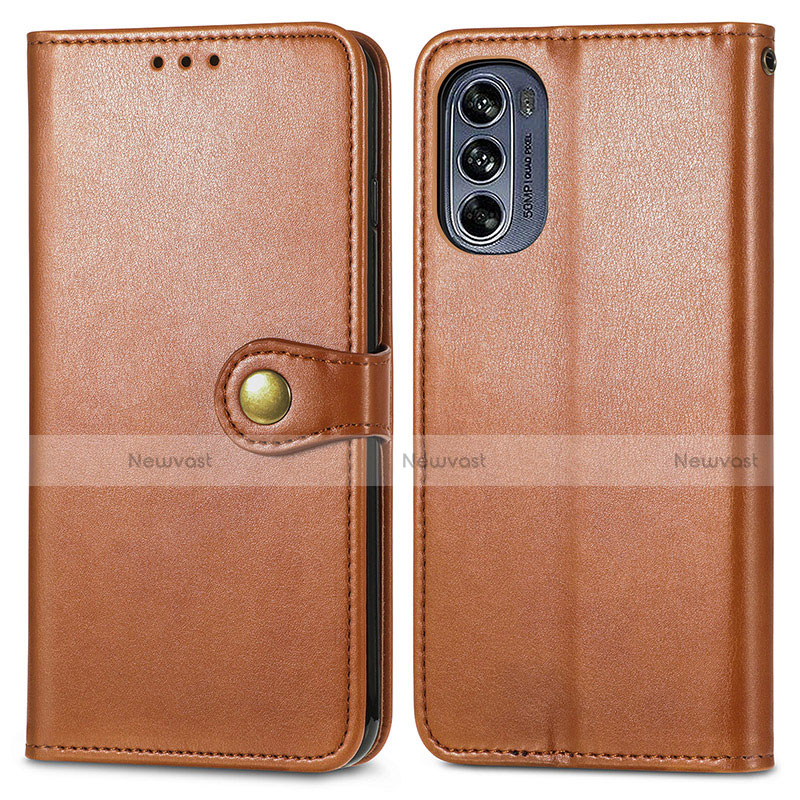 Leather Case Stands Flip Cover Holder S05D for Motorola Moto G62 5G Brown
