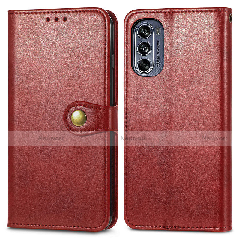 Leather Case Stands Flip Cover Holder S05D for Motorola Moto G62 5G Red