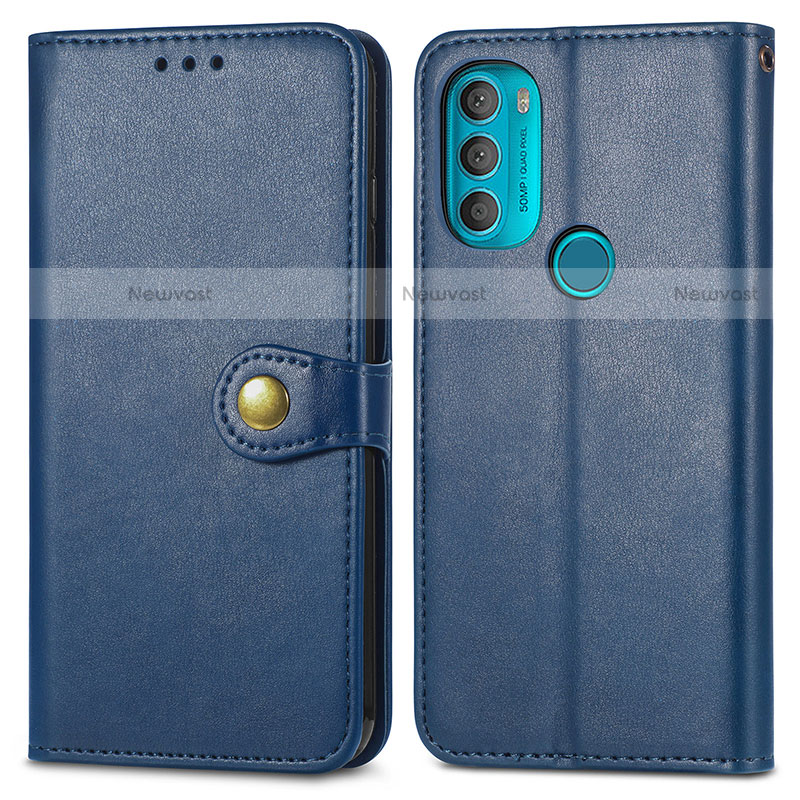 Leather Case Stands Flip Cover Holder S05D for Motorola Moto G71 5G Blue
