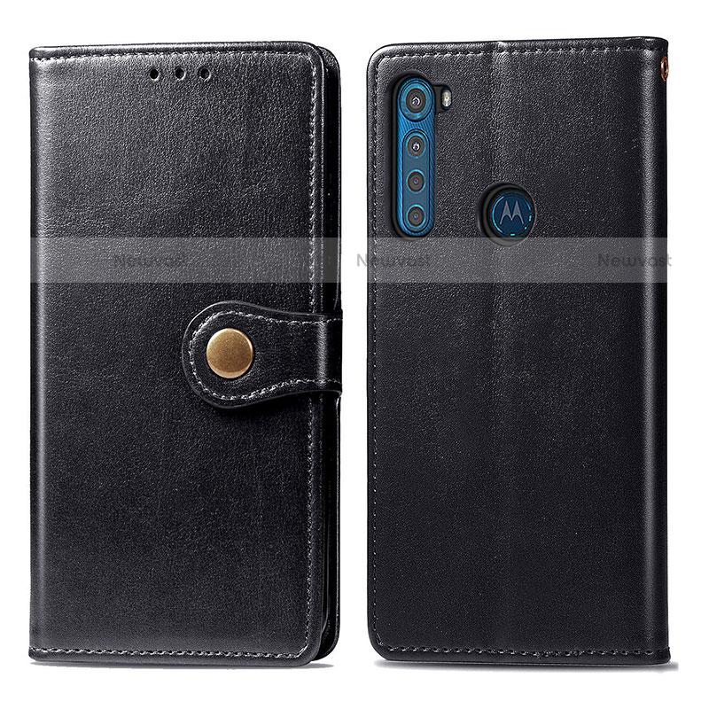 Leather Case Stands Flip Cover Holder S05D for Motorola Moto One Fusion Plus Black