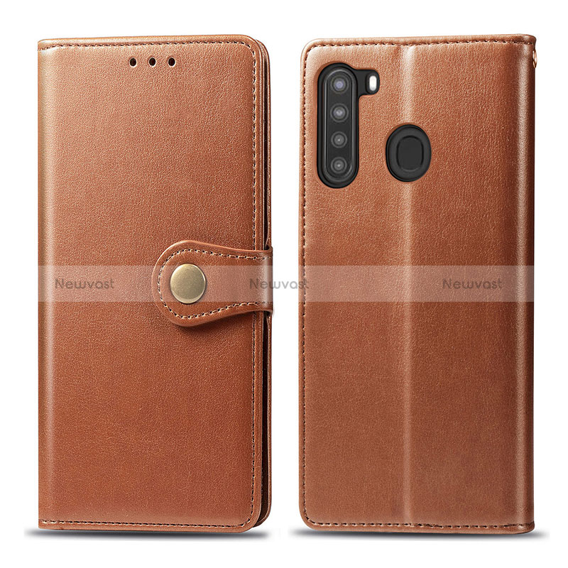Leather Case Stands Flip Cover Holder S05D for Samsung Galaxy A21 Brown