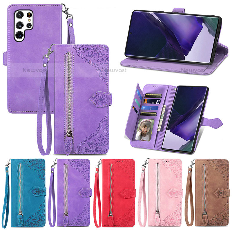 Leather Case Stands Flip Cover Holder S06D for Samsung Galaxy S22 Ultra 5G