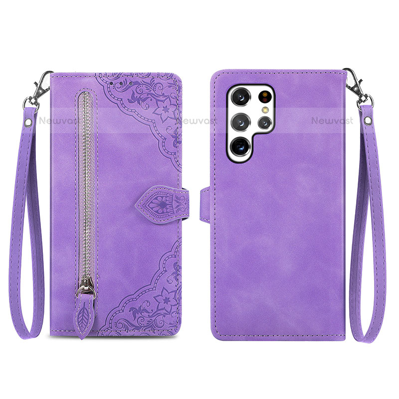 Leather Case Stands Flip Cover Holder S06D for Samsung Galaxy S22 Ultra 5G Purple