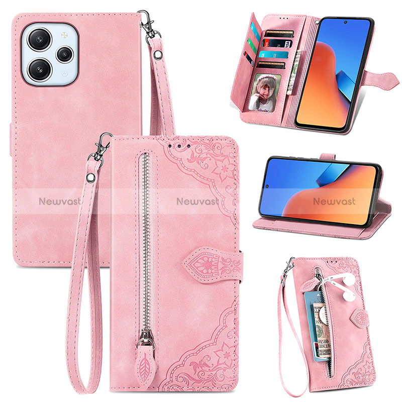 Leather Case Stands Flip Cover Holder S06D for Xiaomi Redmi 12 4G Pink