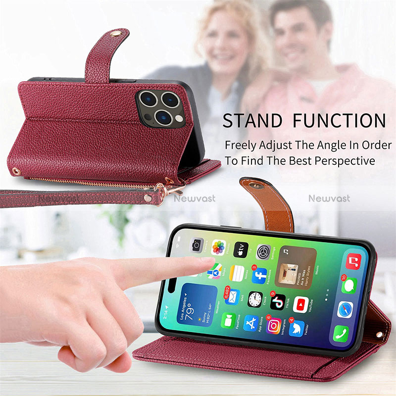 Leather Case Stands Flip Cover Holder S07D for Apple iPhone 14 Pro