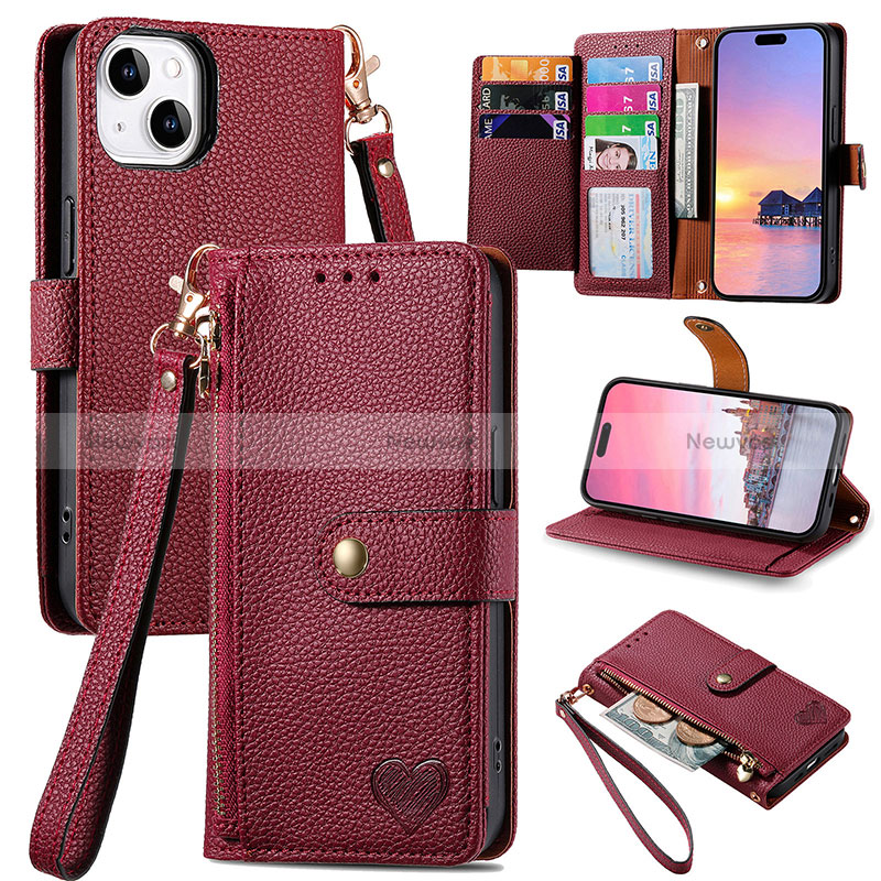 Leather Case Stands Flip Cover Holder S07D for Apple iPhone 15