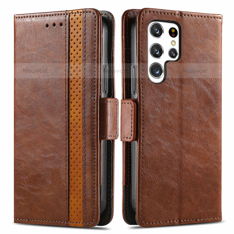 Leather Case Stands Flip Cover Holder S10D for Samsung Galaxy S21 Ultra 5G Brown