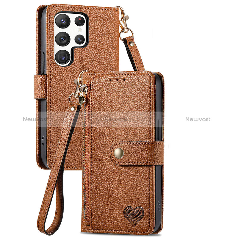 Leather Case Stands Flip Cover Holder S15D for Samsung Galaxy S23 Ultra 5G Brown