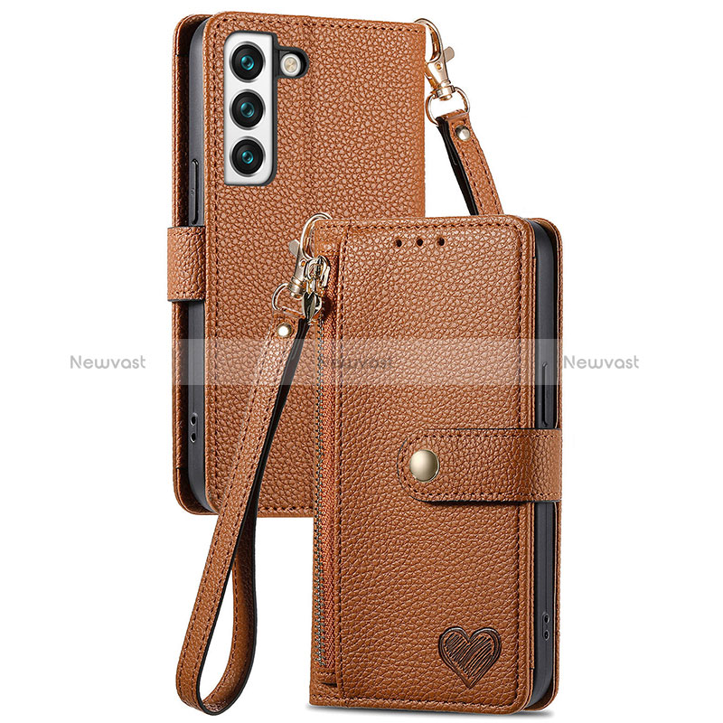 Leather Case Stands Flip Cover Holder S16D for Samsung Galaxy S22 5G Brown