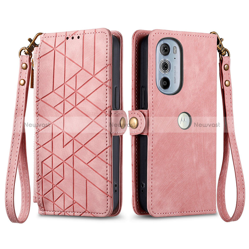 Leather Case Stands Flip Cover Holder S17D for Motorola Moto Edge Plus (2022) 5G Pink