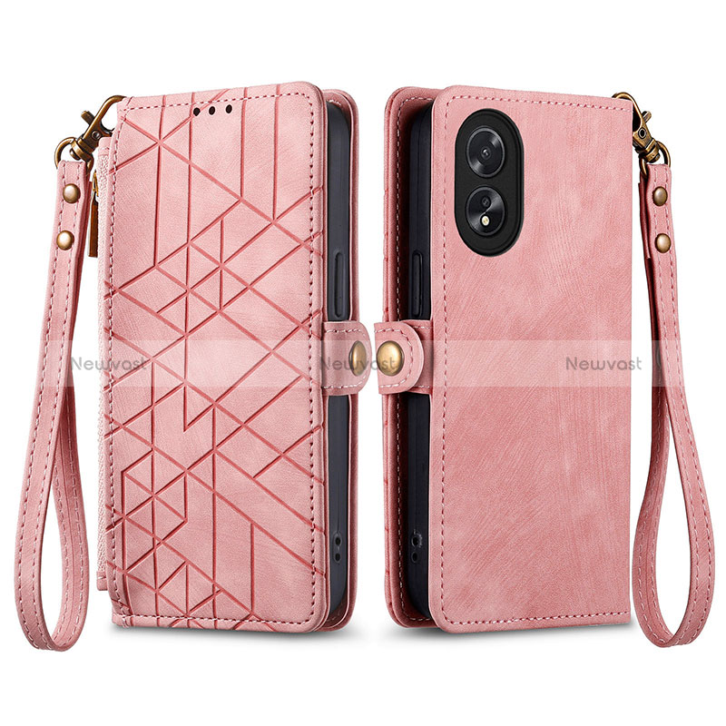 Leather Case Stands Flip Cover Holder S17D for Oppo A58 4G Pink