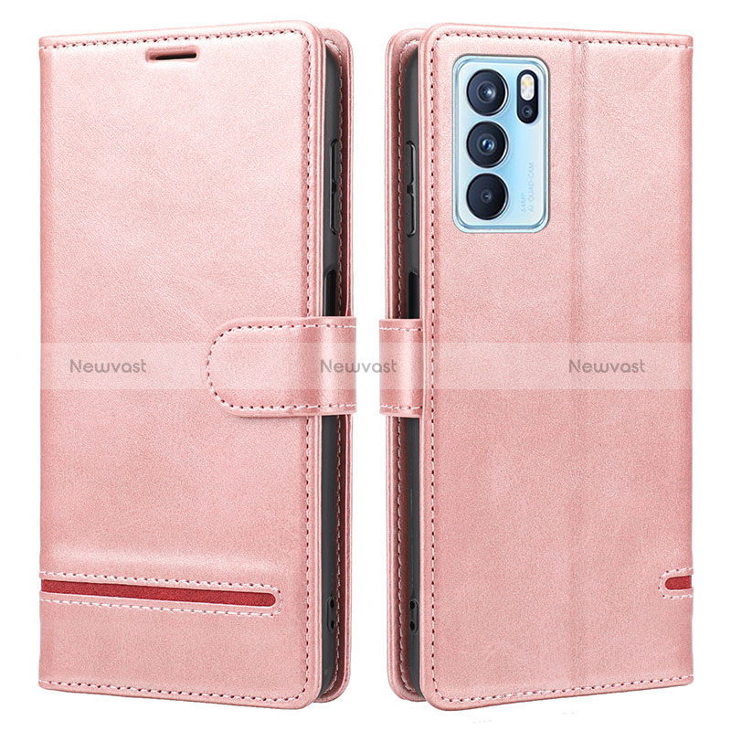 Leather Case Stands Flip Cover Holder SY1 for Oppo Reno6 Pro 5G India Pink