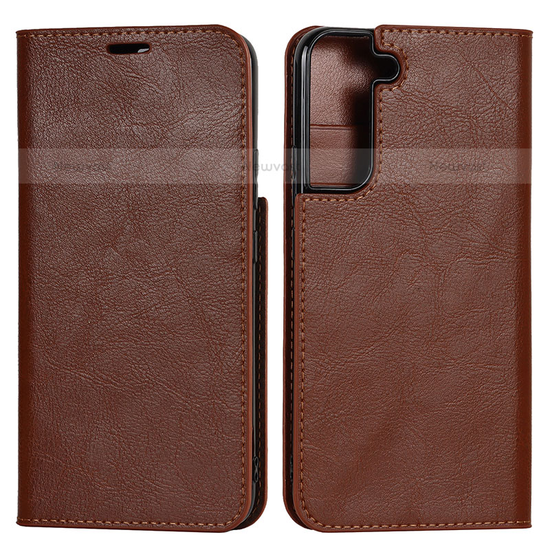 Leather Case Stands Flip Cover Holder T01D for Samsung Galaxy S21 5G Light Brown