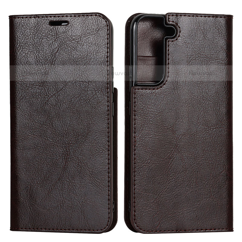 Leather Case Stands Flip Cover Holder T01D for Samsung Galaxy S22 5G Brown
