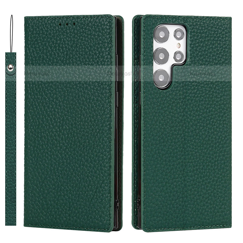 Leather Case Stands Flip Cover Holder T02D for Samsung Galaxy S21 Ultra 5G Green